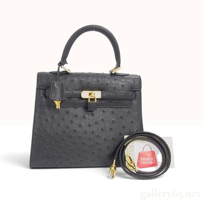 Sale Photo Thumbnail #247: Black Ostrich Leather Kelly Style Top Handle Bag with Shoulder Strap