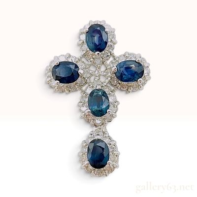 Sale Photo Thumbnail #228: An 18 Karat White Gold 1.52ctw Sapphire and 0.50ctw Diamond Cross Pendant