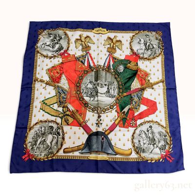 Sale Photo Thumbnail #470: Hermes Napoleon Blue Silk Jacquard Carre 90