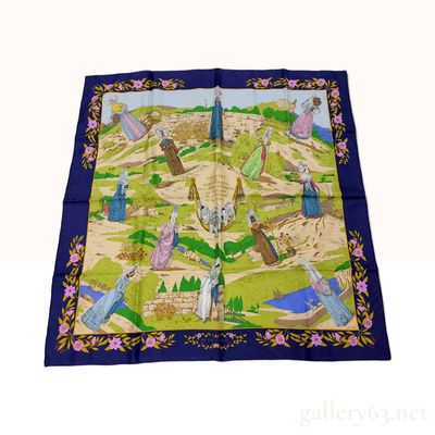 Sale Photo Thumbnail #373: Vintage Hermes Costumes des Departements Navy Blue Silk Scarf 90