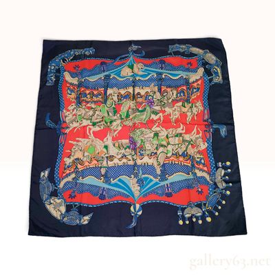 Sale Photo Thumbnail #398: Hermes Tournez Manege Navy and Red Silk Carre 90