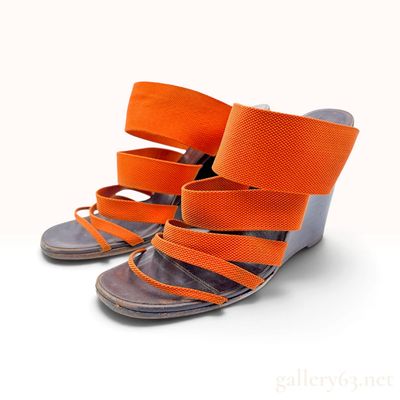 Sale Photo Thumbnail #370: Hermes Orange Elastic and Leather Wedge Sandals Size 35