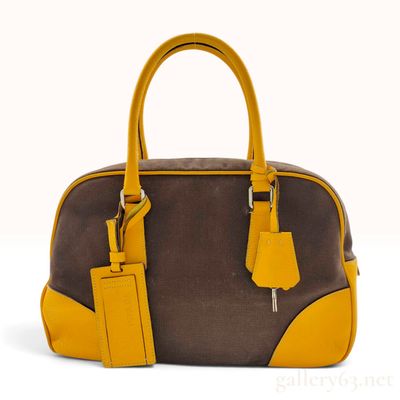 Sale Photo Thumbnail #204: Prada Cinghiale Trimmed Canapa Bowler Bag Brown and Yellow