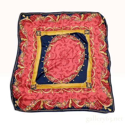 Sale Photo Thumbnail #334: Vintage Christian Dior Floral and Tasselled Drapery Navy and Coral Silk Scarf