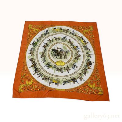 Sale Photo Thumbnail #160: Vintage Hermes La Promenade de Longchamps Burnt Orange Silk Scarf