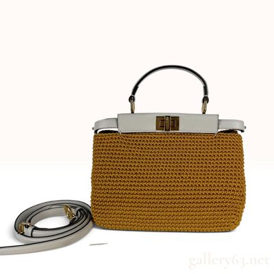 Sale Photo Thumbnail #5: Fendi Peekaboo Iconic Essentially Mustard Woven Raffia and White Leather Handbag with Shoulder Strap