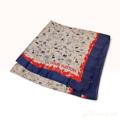 Sale Photo Thumbnail #105: Louis Vuitton 180cm Silk Explorer Safari Motif Navy and Red Scarf