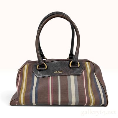 Sale Photo Thumbnail #136: Vintage Bally Striped Coated Canvas and Brown Leather Satchel Handbag