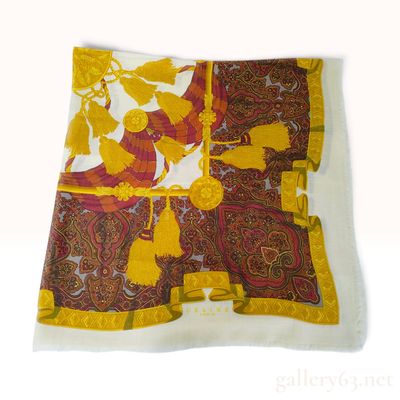 Sale Photo Thumbnail #41: Celine Vintage Tassel and Paisley Print Bordeaux and Cream Wool Silk Scarf