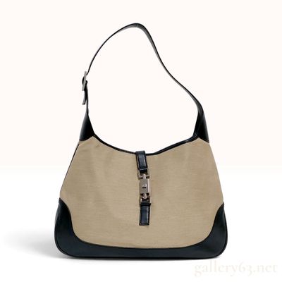 Sale Photo Thumbnail #294: Gucci Jackie O Piston Lock Beige Canvas and Black Leather Shoulder Bag