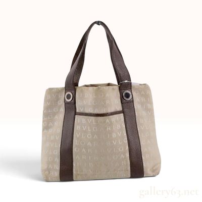 Sale Photo Thumbnail #506: Bvlgari Logomania Beige Canvas and Brown Leather Tote