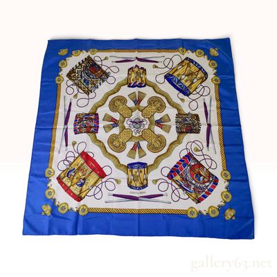 Sale Photo Thumbnail #250: Hermes Les Tambours Blue Silk Carre 90