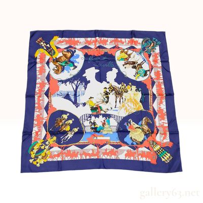 Sale Photo Thumbnail #101: Hermes Feria de Sevilla Navy Silk Carre 90