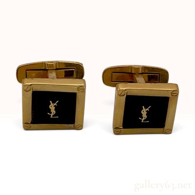 Sale Photo Thumbnail #350: Yves Saint Laurent Square Black and Gold Tone Cufflinks With Box