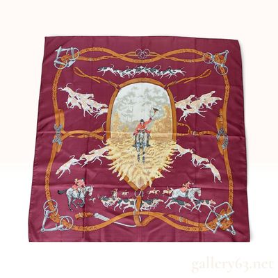 Sale Photo Thumbnail #274: Hermes Le Bien Aller Burgundy Silk Carre 90