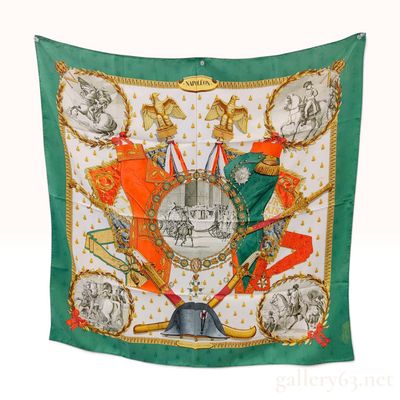 Sale Photo Thumbnail #403: Vintage Hermes Napoleon Green Silk Jacquard Carre 90