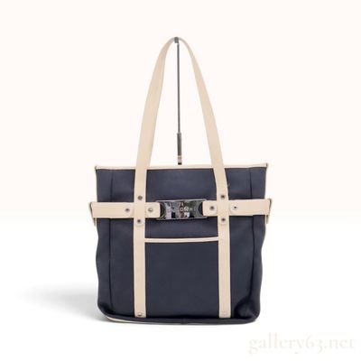 Sale Photo Thumbnail #208: Bvlgari Navy Blue Canvas and Cream Leather Logo Plate Tote