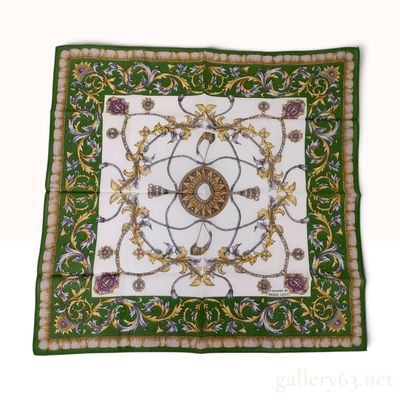 Sale Photo Thumbnail #225: Paolo Gucci Baroque Crest Green and Cream Silk Scarf
