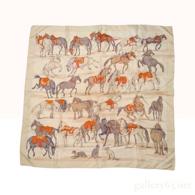 Sale Photo Thumbnail #532: Hermes Chevaux d'Apres Van der Meulen Cream Silk Scarf 90