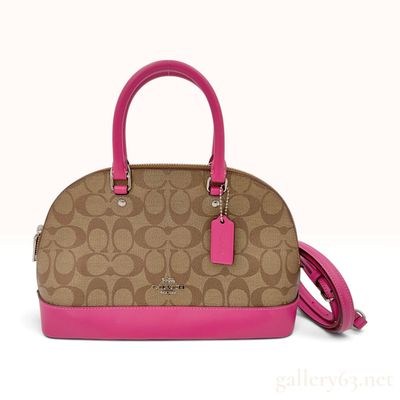 Sale Photo Thumbnail #320: Coach Signature Mini Sierra Satchel Khaki and Magenta Coated Canvas with Crossbody Strap