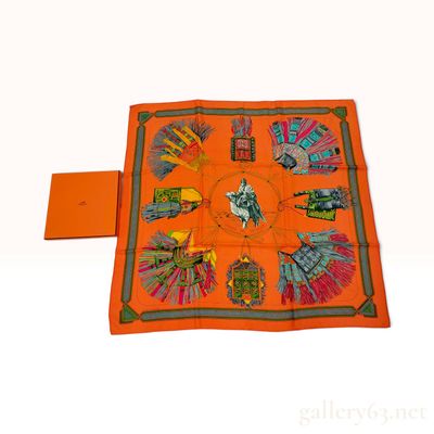 Sale Photo Thumbnail #145: Hermes Cuirs du Desert Orange Silk Carre 90 with Box