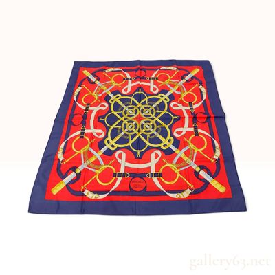 Sale Photo Thumbnail #283: Hermes Eperon d'Or Red and Navy Blue Silk Scarf 90