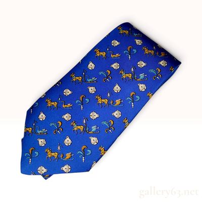 Sale Photo Thumbnail #333: Vintage Hermes Sleigh and Bell Pattern Blue Silk Necktie with Original Sleeve