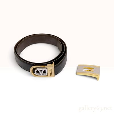 Sale Photo Thumbnail #89: Two Valentino and Yves Saint Laurent Buckles and Black Leather Belt with Box