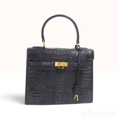 Sale Photo Thumbnail #341: Vintage Black Crocodilian Skin Structured Top Handle Bag with Padlock