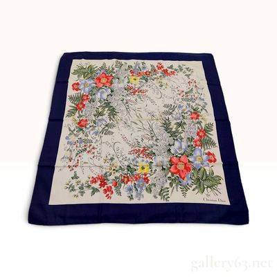 Sale Photo Thumbnail #313: Vintage Christian Dior Floral Print Navy and Ivory Silk Scarf 90