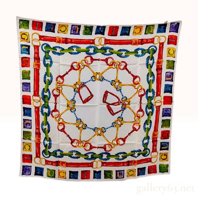 Sale Photo Thumbnail #304: Vintage Gucci Horsebit and Stirrup Print Multi-Colored Silk Square Scarf 85cm