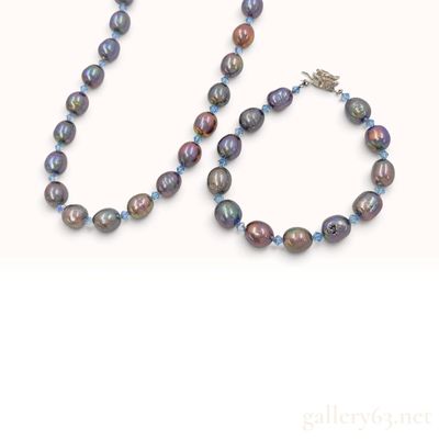 Sale Photo Thumbnail #74: A Set of Peacock Iridescent Baroque Pearl and Crystal Jewelry with Silver Clasps