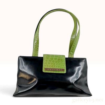 Sale Photo Thumbnail #191: Bulgari Black Leather and Lime Green Crocodile-Embossed Shoulder Bag