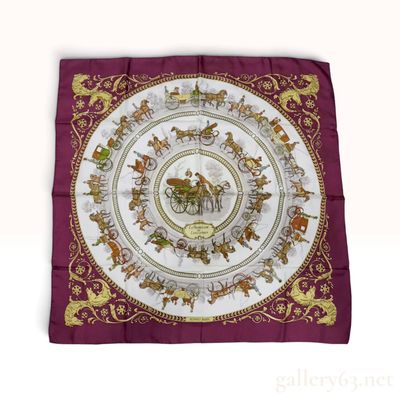 Sale Photo Thumbnail #418: Vintage Hermes La Promenade de Longchamps Burgundy Silk Carre 90
