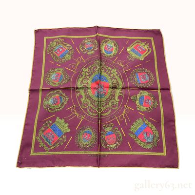 Sale Photo Thumbnail #291: Vintage Hermes Les Armes de Paris Burgundy Silk Scarf 42