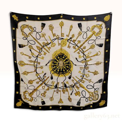 Sale Photo Thumbnail #263: Vintage Hermes Les Cles Black and Gold Silk Carre 90