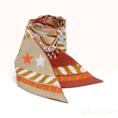 Sale Photo Thumbnail #414: Hermes Brides de Gala Silk Twilly Scarf in Tan and Terracotta