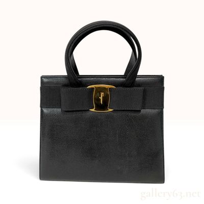 Sale Photo Thumbnail #268: Vintage Salvatore Ferragamo Vara Bow Black Lizard Embossed Leather Top Handle Handbag
