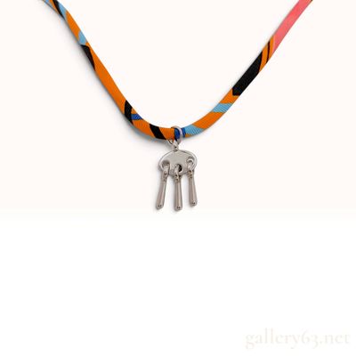 Sale Photo Thumbnail #393: Hermes Tourbillon Necklace Multi-Color Silk and Palladium-Plated Pendant with Box