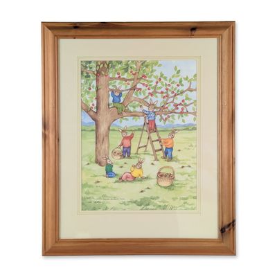Sale Photo Thumbnail #11: Denise Andrews 1994 Framed Original Watercolor Bunnykins Painting, Picking Apples