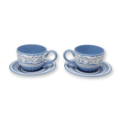 Sale Photo Thumbnail #388: A Pair of Wedgwood Pale Blue Jasperware 250th Anniversary Teacups and Saucers