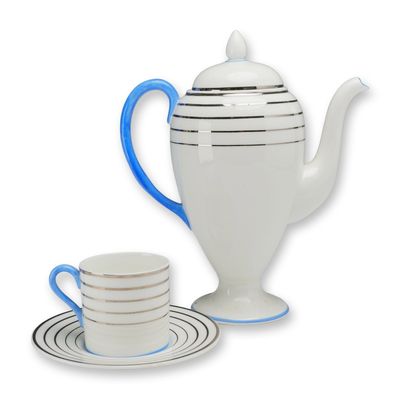 Sale Photo Thumbnail #257: Wedgwood 3-Piece Porcelain Coffee Set with Blue Handles and Platinum Bands