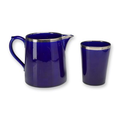 Sale Photo Thumbnail #261: Two-Piece Wedgwood Cobalt Blue Porcelain Pitcher and Cup with Silver Rims