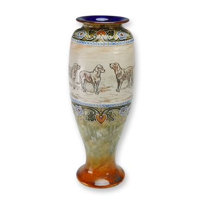 Sale Photo Thumbnail #163: Royal Doulton by Hannah Barlow and Frank Butler Stoneware Dog Vase