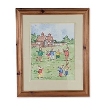 Sale Photo Thumbnail #13: Denise Andrews 1994 Framed Original Watercolor Bunnykins Painting, Red Rover