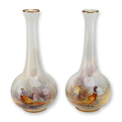 Sale Photo Thumbnail #218: Pair of Royal Worcester by James Stinton Bone China Cabinet Vase, Pheasants