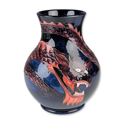Sale Photo Thumbnail #369: William Moorcroft Pottery Cobalt Vase, Dragon