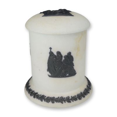 Sale Photo Thumbnail #397: Wedgwood White and Black Jasperware Lidded Box circa 1860