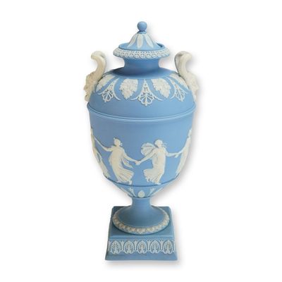Sale Photo Thumbnail #386: Wedgwood Pale Blue Jasperware Lidded Vase, Dancing Hours