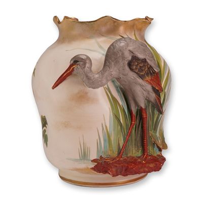 Sale Photo Thumbnail #217: Doulton Burslem High Relief Stork and Hand Painted Floral Vase